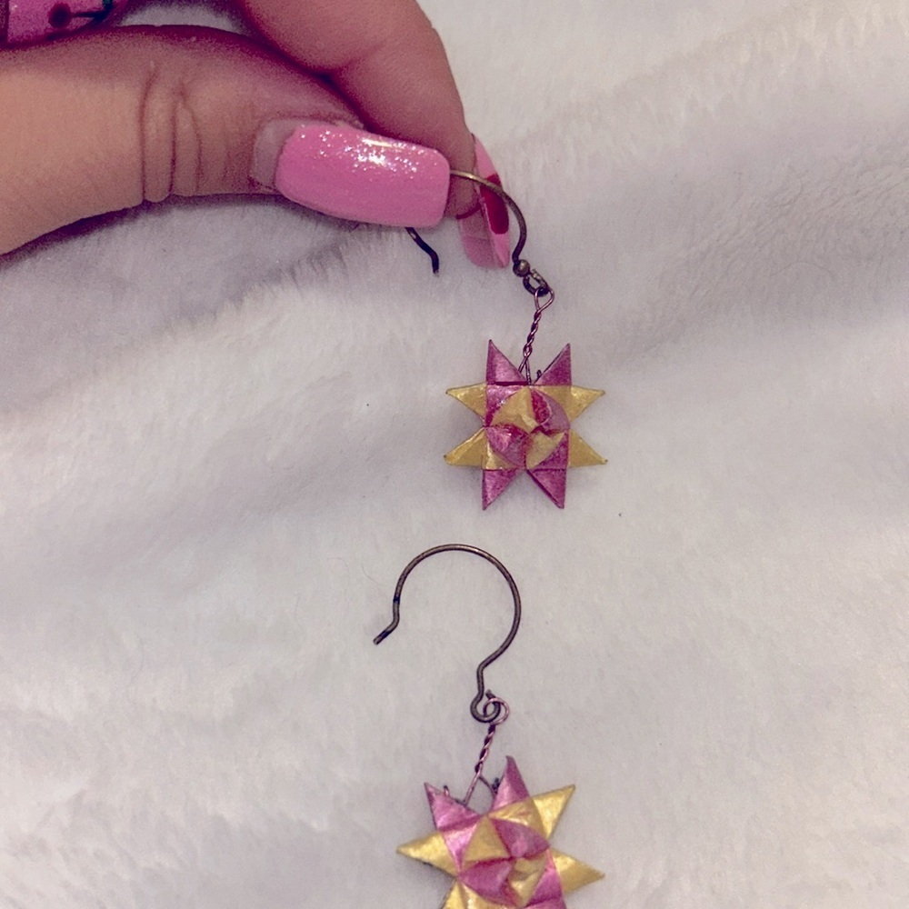 Handmade Origami Pink and Yellow Star Earrings - Picture 2 of 2